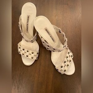 Manolo Blahnik Slip-on Heels With Brass Studs On Straps. Color white